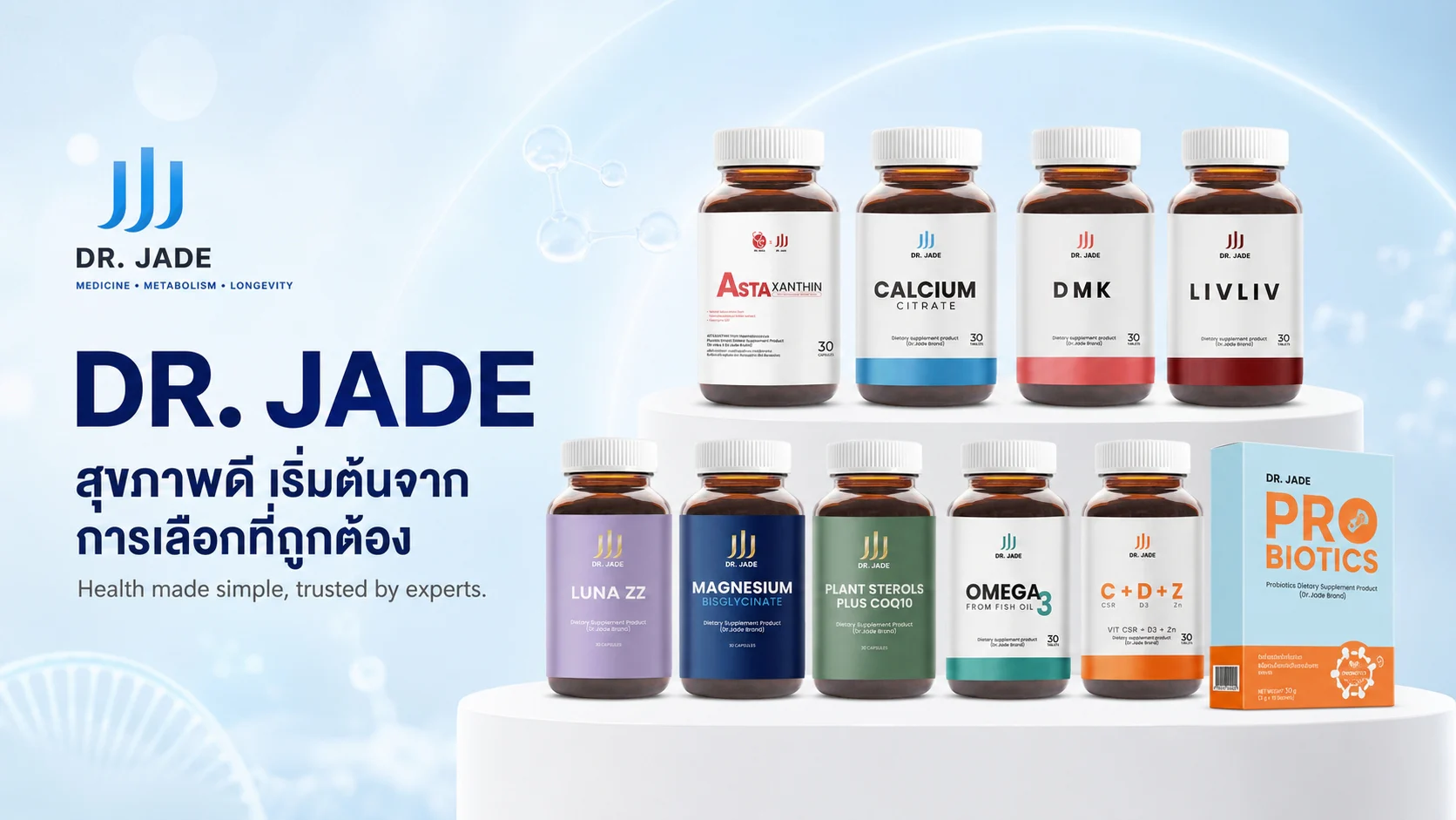 ผลิตภัณฑ์อาหารเสริม DR. JADE รุ่นล่าสุด — Probiotics, Calcium Citrate, Vitamin C+D+Z, DMK, Omega-3, LivLiv, Astaxanthin, Luna ZZ, Magnesium และ Plant Sterols