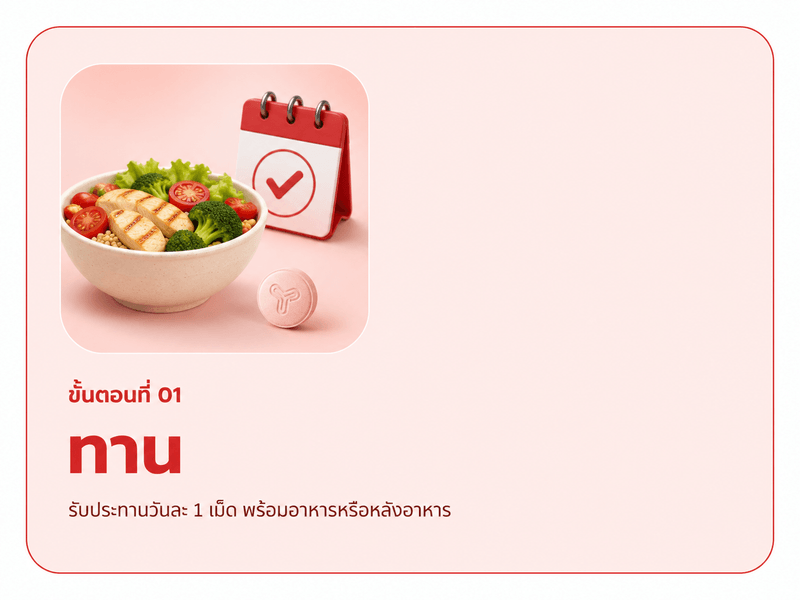 ขั้นตอนที่ 01 ทาน — บำรุงตับ ทานวันละ 1 เม็ด หลังมื้ออาหาร