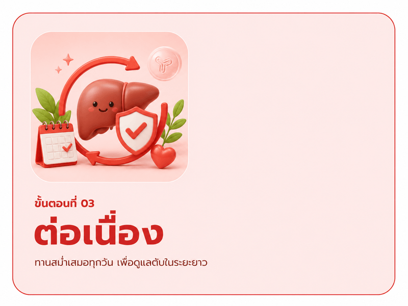 ขั้นตอนที่ 03 ต่อเนื่อง — ทานสม่ำเสมอทุกวัน เพื่อดูแลตับในระยะยาว