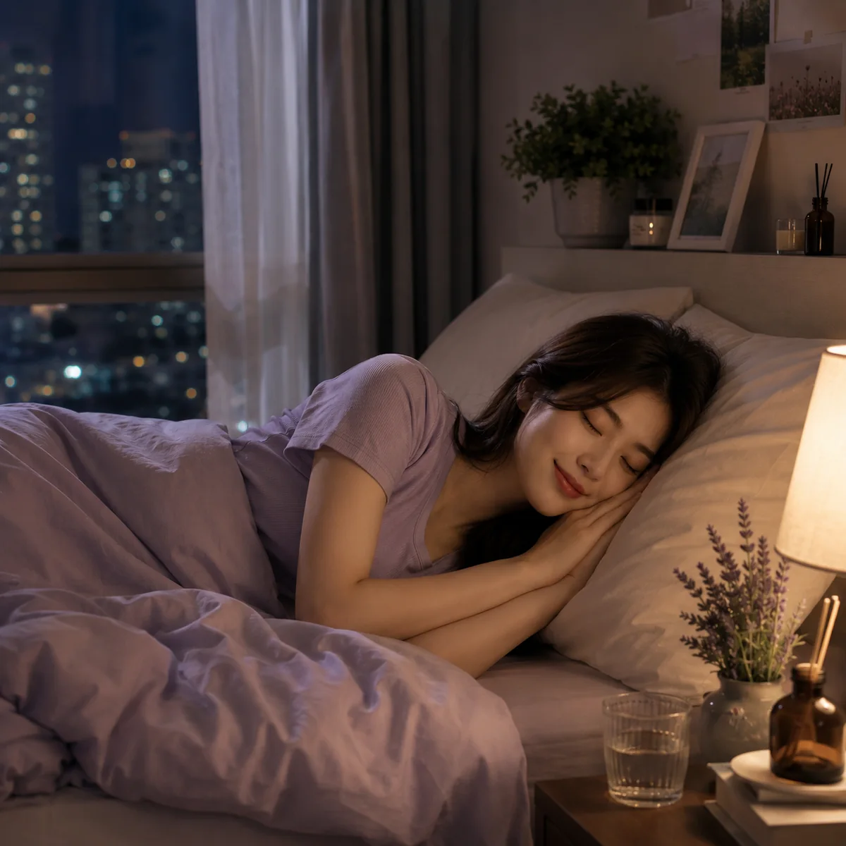 ผู้หญิงกำลังพักผ่อนในห้องนอน