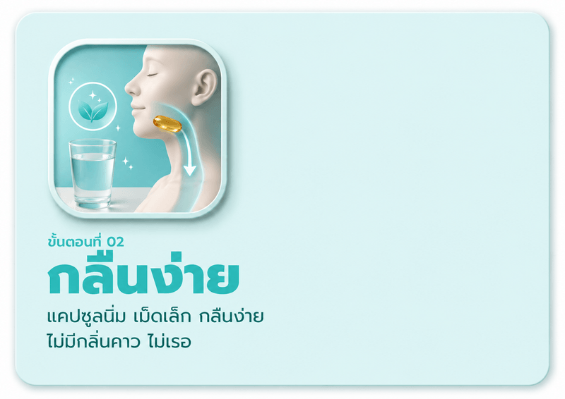ขั้นตอนที่ 02 กลืนง่าย — แคปซูลนิ่ม เม็ดเล็ก กลืนง่าย ไม่มีกลิ่นคาว ไม่เรอ